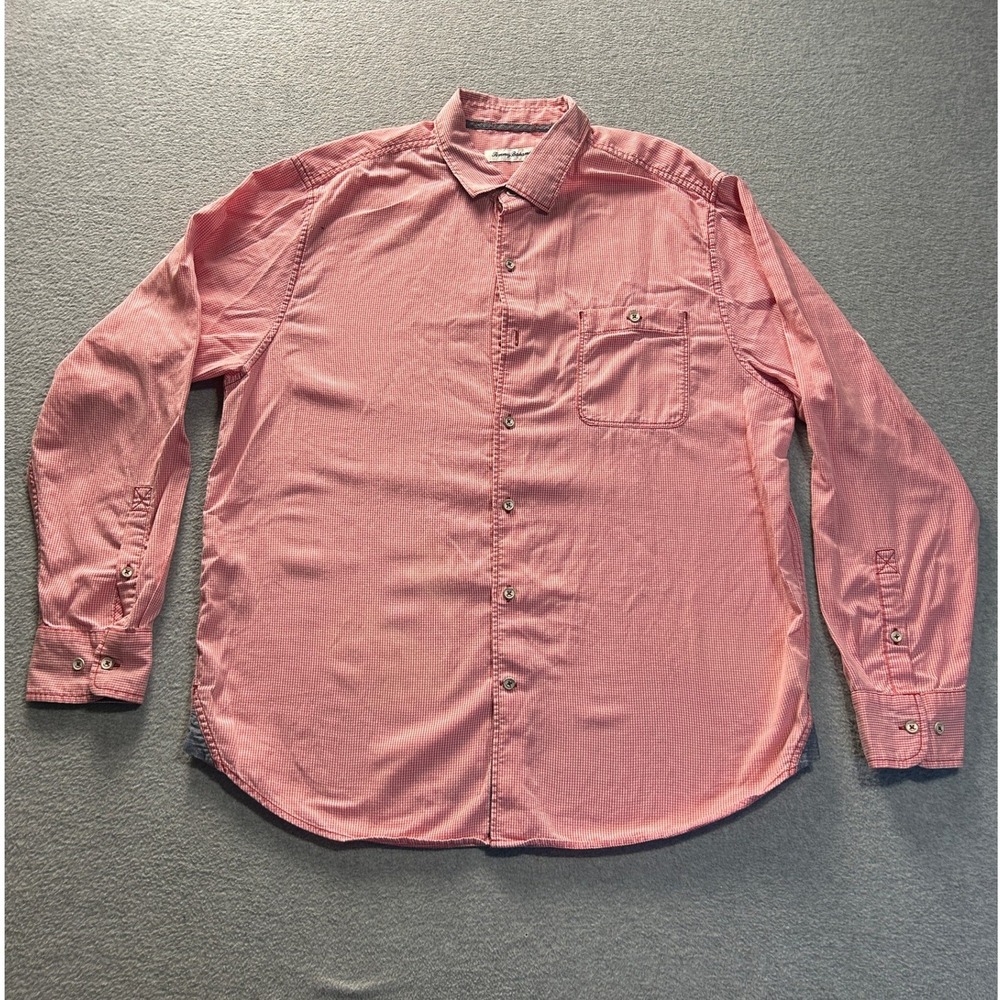 Tommy Bahama Button Up Shirt Mens Large Coral Long Sleeve Micro Check Casual